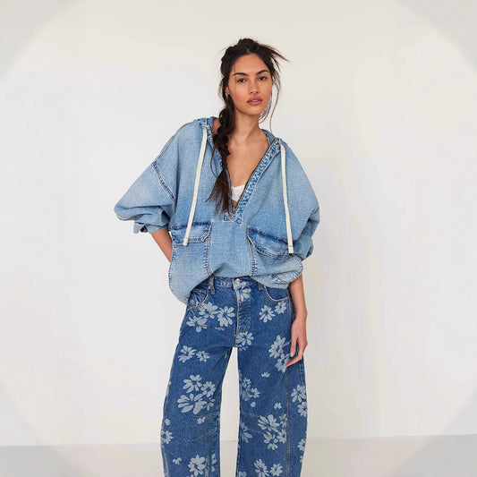 Stylish Relaxed-fit Washed Denim Long Sleeve Hoodie