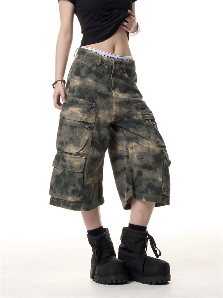 Retro Camouflage Cropped Pants Men And Women Ruan Handsome Multi-pocket Loose Wide-leg Workwear Shorts