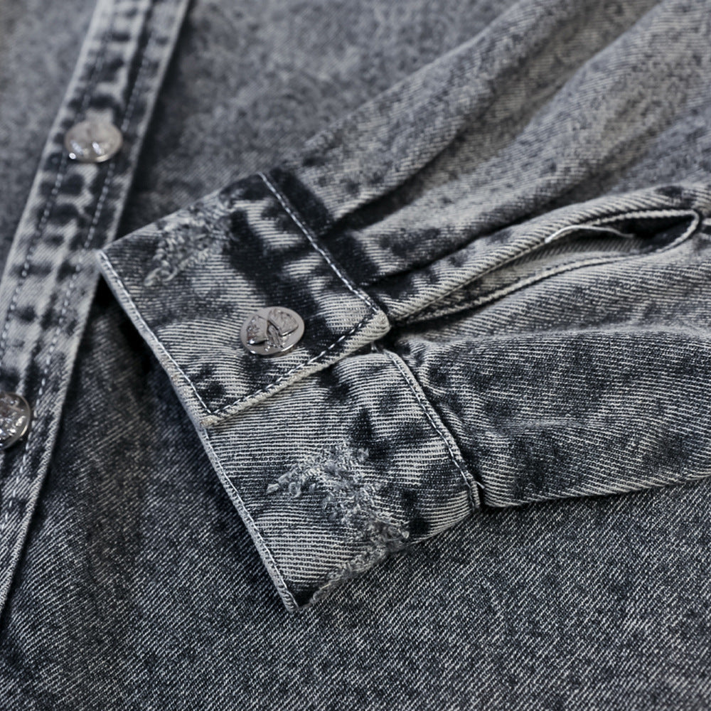 Washed And Worn Worn Hole Denim Shirt Jacket