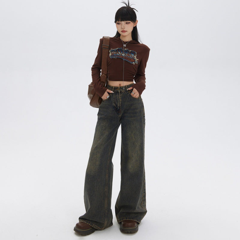 American Retro Loose Wide Leg Bootcut Trousers High Waist Slimming Drape