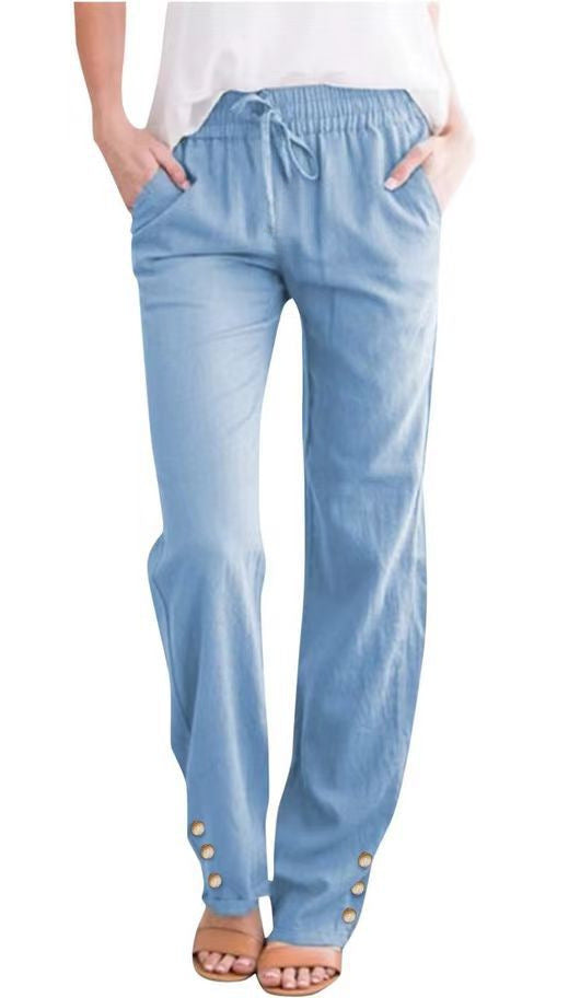 Solid Color Cotton And Linen Loose Drawstring Button Casual Wide-leg Trousers
