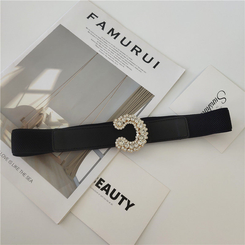 Semi Oval Diamond Inlaid Buckle Thin Waistband Female