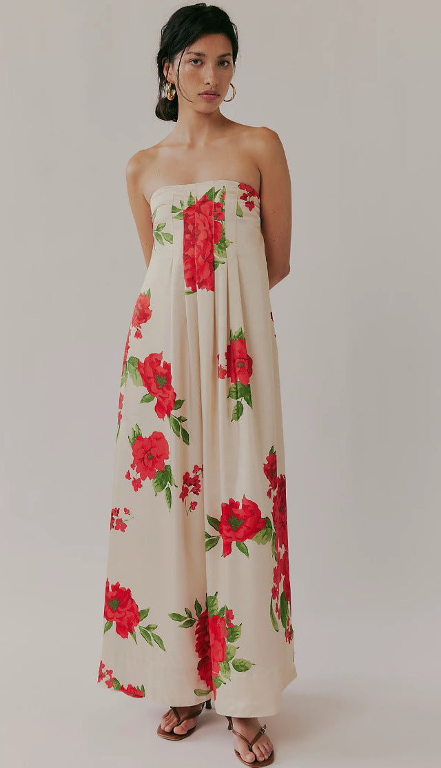 Strap-printed High-waist Belt A-line Dress