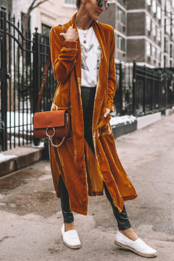Women's Loose Gold Velvet Stretch Long Coat