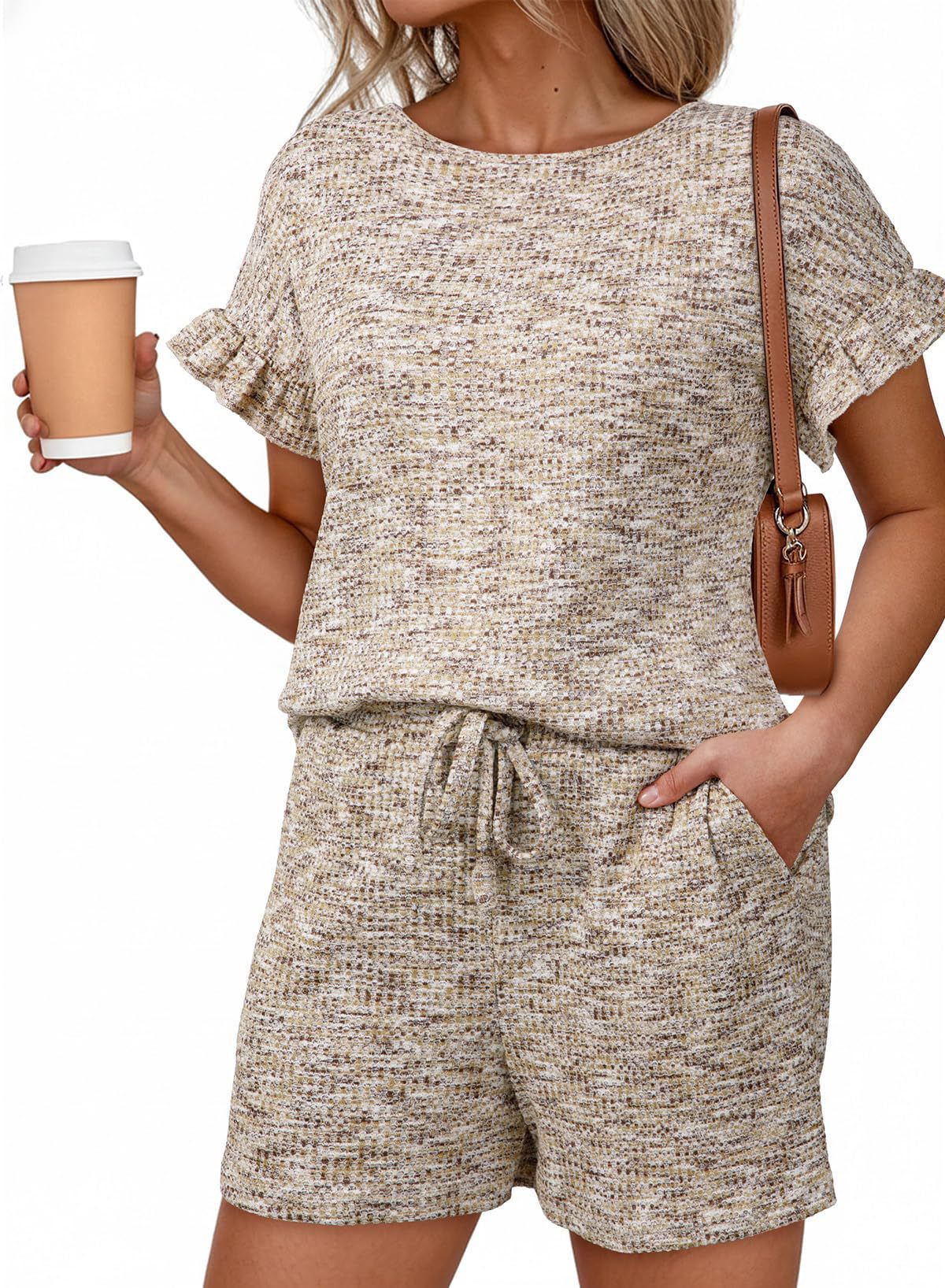 Summer Crew Neck Pullover Ruffle Sleeve Drawstring Pocket Shorts Set