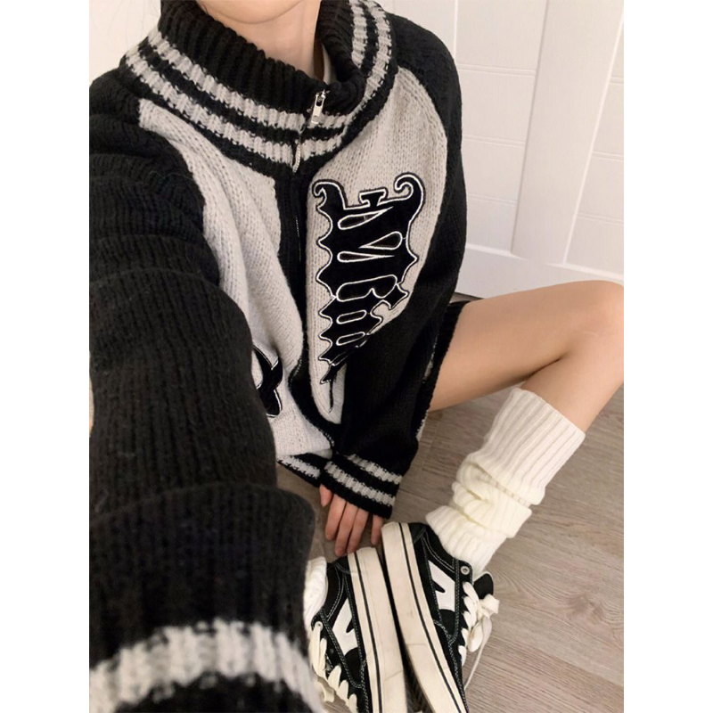 American Retro Cardigan Knitted Coat Women's Zip Sweater