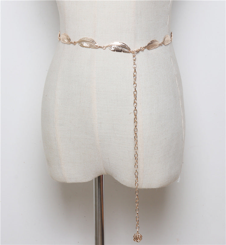 Fashion All-match Dress With Leaf Metal Ladies Waist Chain Decoration