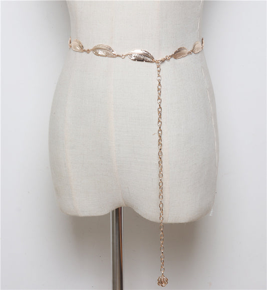 Fashion All-match Dress With Leaf Metal Ladies Waist Chain Decoration