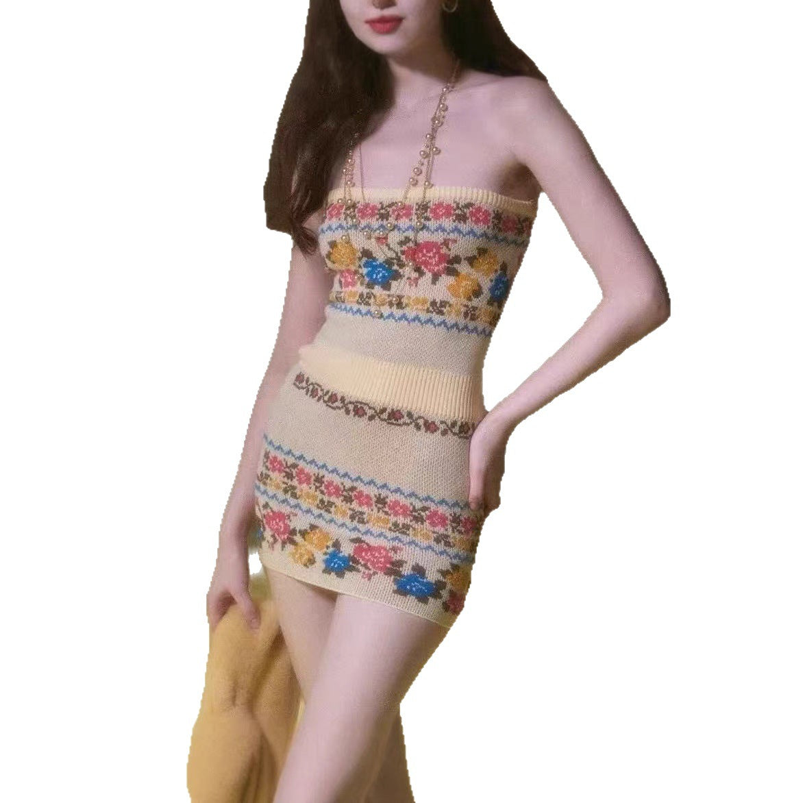 Contrast-color Rose Fair Isle Knit Cardigan Figure-hugging Floral Tube Dress