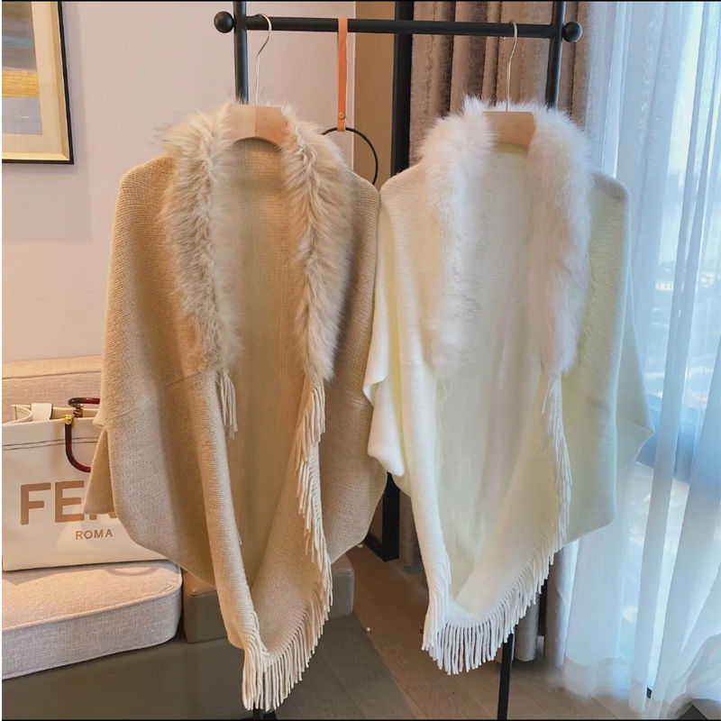 Knitted Shawl Fur Collar Jacket Autumn And Winter Large Size Loose Warm Cloak