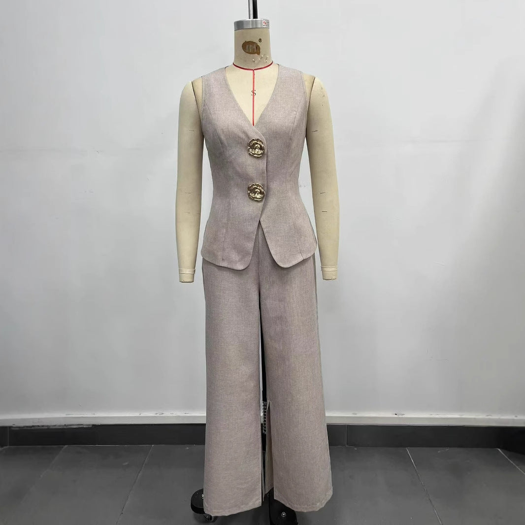 Elegant Breathable V-neck Sleeveless Split-front Wide-leg Pants Set