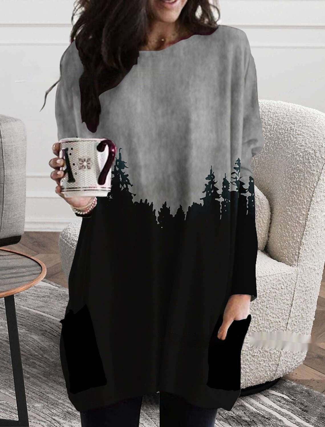 Women's Round Neck Mid-length Long-sleeved T-shirt With Pockets