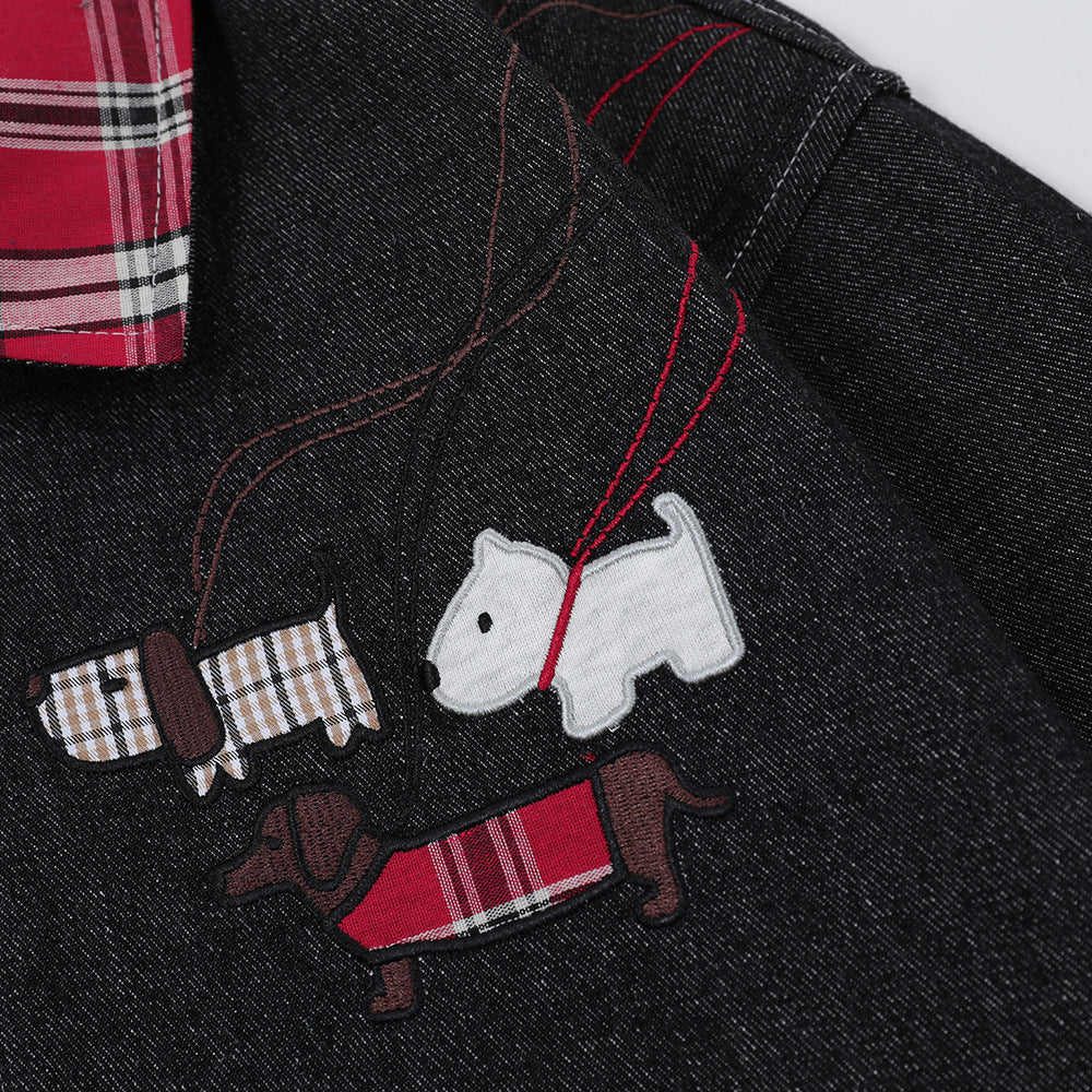 Funny Puppy Paste Cloth Embroidery Denim Contrast Color Patchwork Plaid Lapel Baggy Coat Men