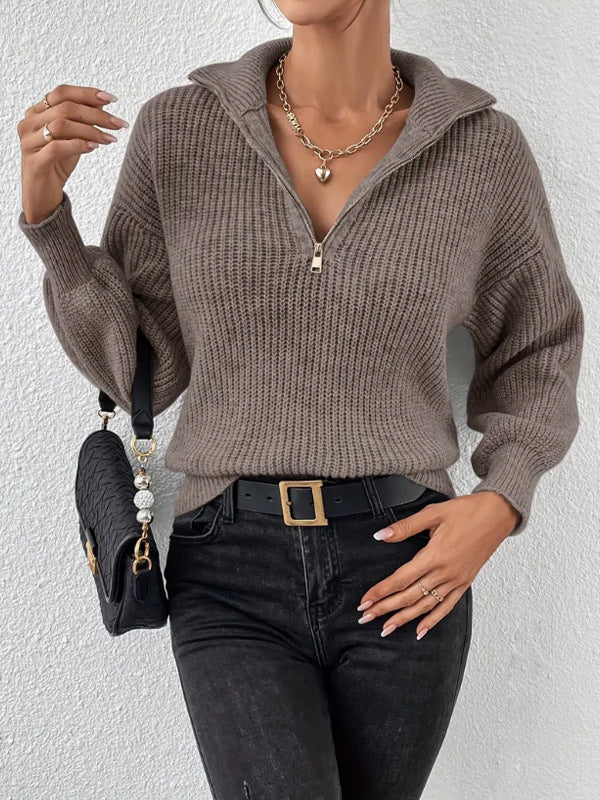 Women's Zipper Pullover Solid Color Loose Casual Long Sleeves Sweater