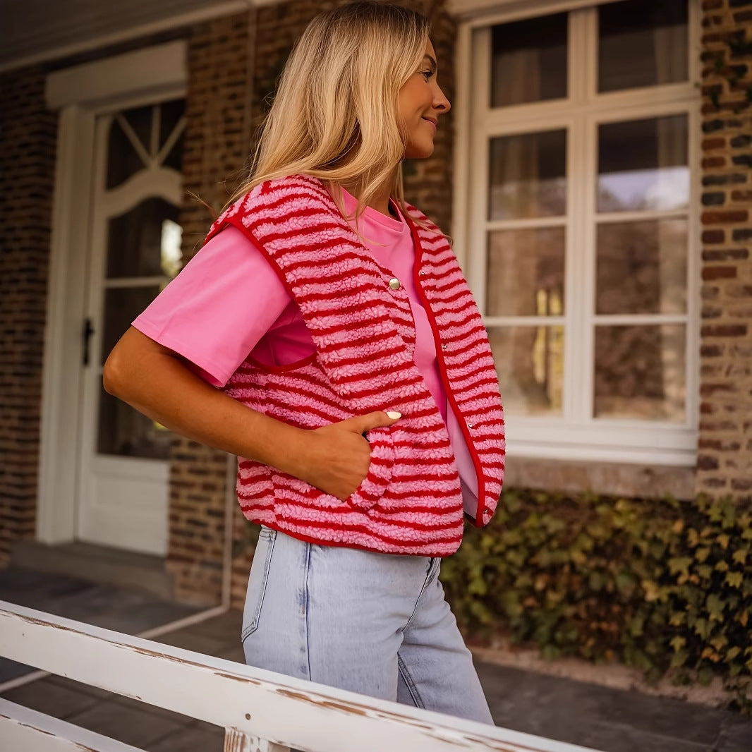 Button Cardigan Striped Vest Coat
