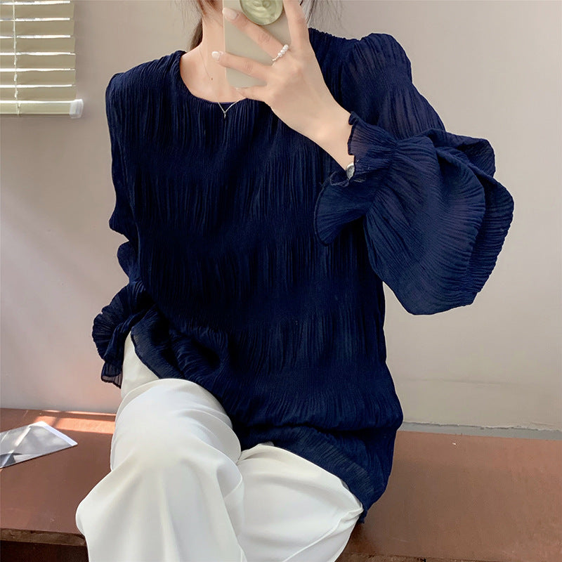 Pleated Bell Sleeve Chiffon Shirt Loose Long Sleeve Top