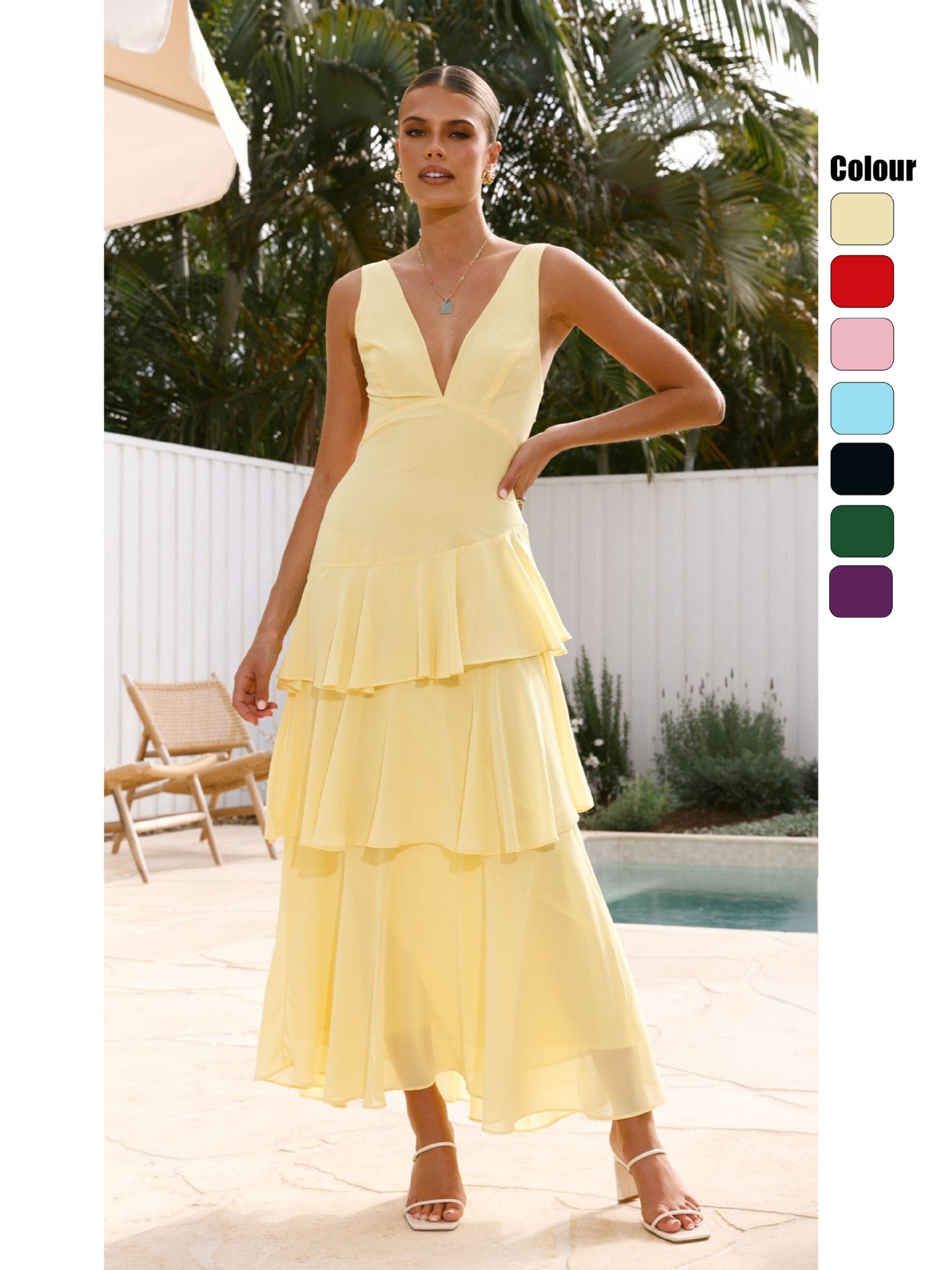 V-neck Solid Color Cake Splicing Long Backless Lace Up Dress