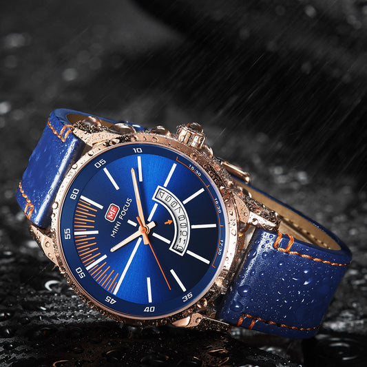 Mens Sports Watch With Calendar Luminous Display Waterproof And Genuine Leather Strap