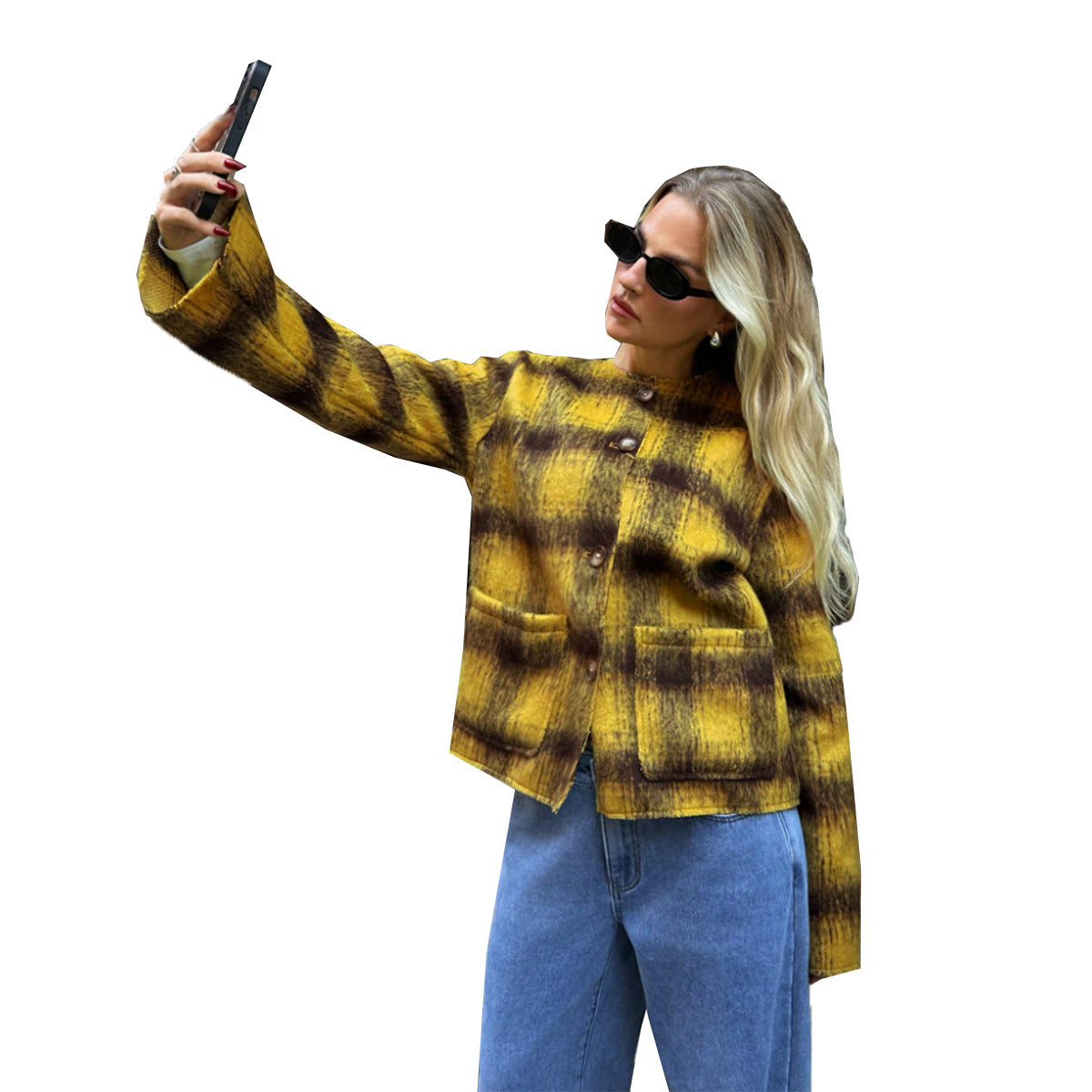Women's Plaid Single-breasted Long Sleeve Round Neck Coat
