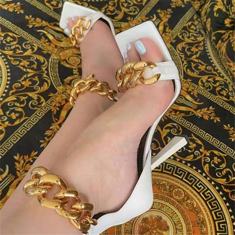 One Word Strap High Heel Sandals With Chain Square Toe