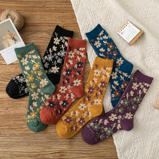 Retro-style Small Floral Ladies' Socks With High Tubes And Piles