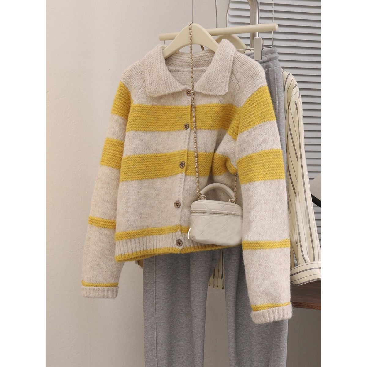 Women's Lapel Stripe Sweater Coat