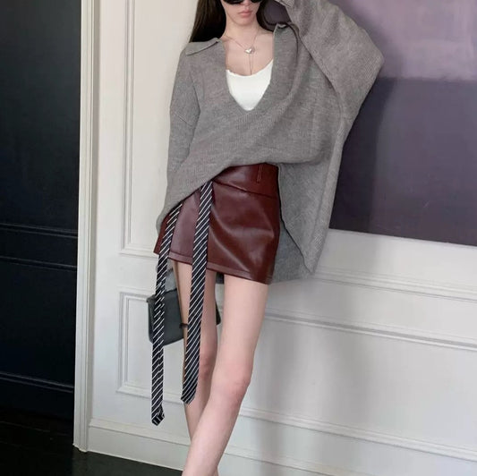 Autumn Lazy Atmosphere Gray Large V-neck Long Sleeve Knitted Sweater For Women