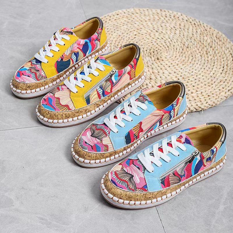 Patterned Side Zip Lace-Up Casual Flats Shoes