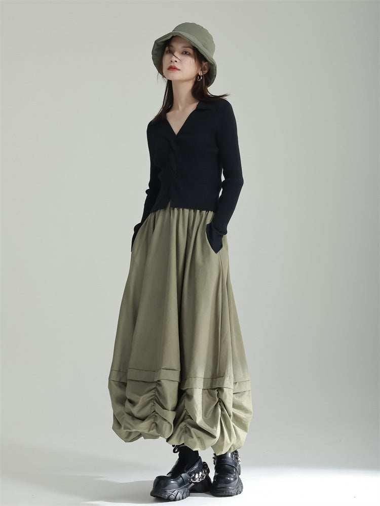 Pleated Bud Solid Color Umbrella Skirt
