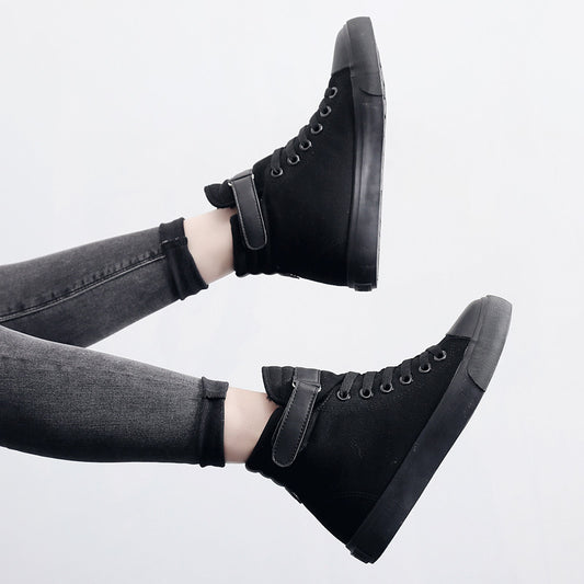 High-top Women's Shoes All Black Canvas British Style