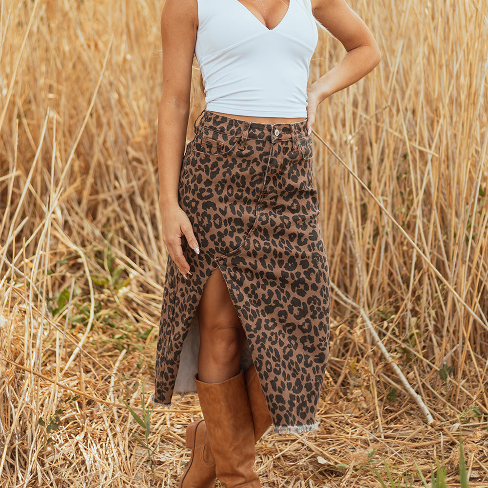 Women's All-match Leopard Print High Waist Slit Denim Skirt