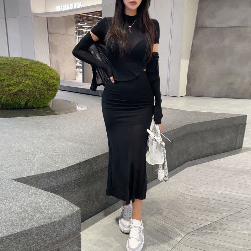 Semi-high Neck Short-sleeve T-shirt Cardigan Fishtail Skirt Three-piece Set For Women
