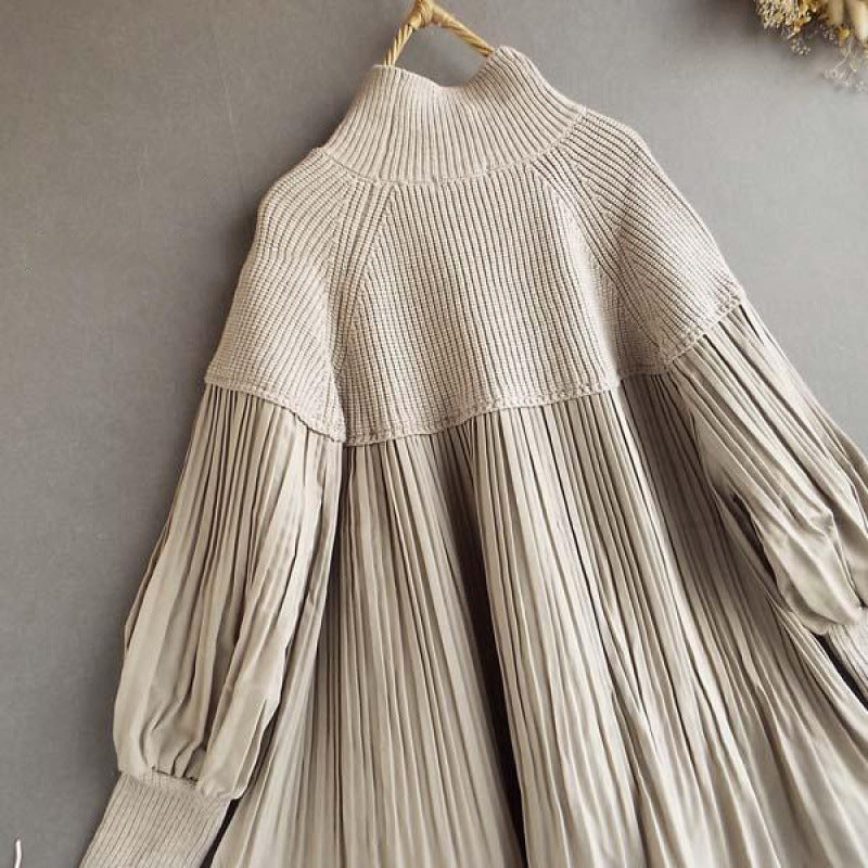Women's Knitted Patchwork Turtleneck Top With Puff Sleeves