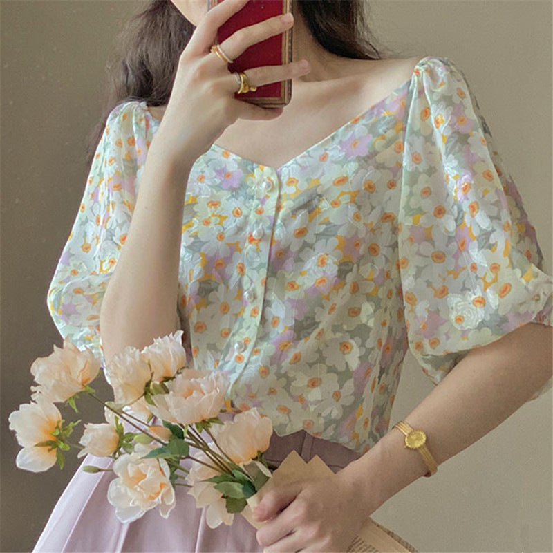Women's Summer French Vintage Chiffon Shirt V-Neck Print Top