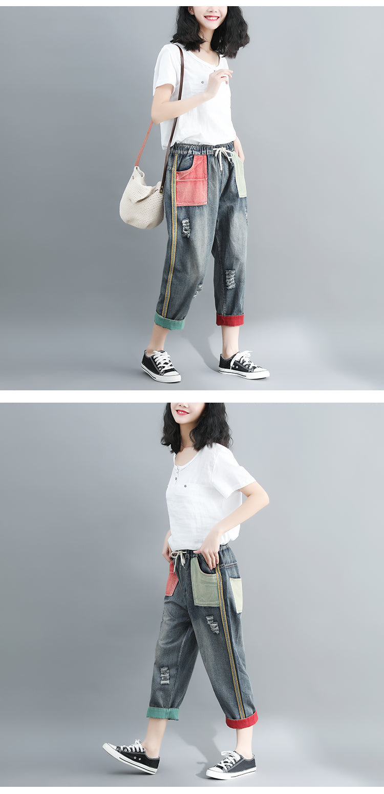 Artistic Contrast Color Washed Worn Jeans Women's All-matching Loose Casual Harem Pants