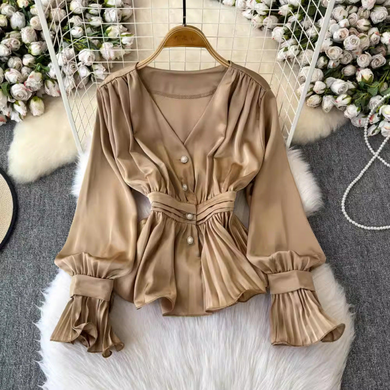 Temperament V-neck Long Sleeve Top Young French Minority