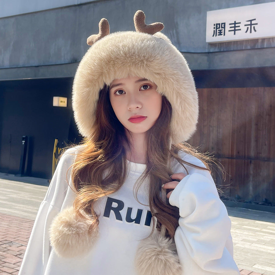 Cute Plush Antler Knitted Hat With Three Hair Balls