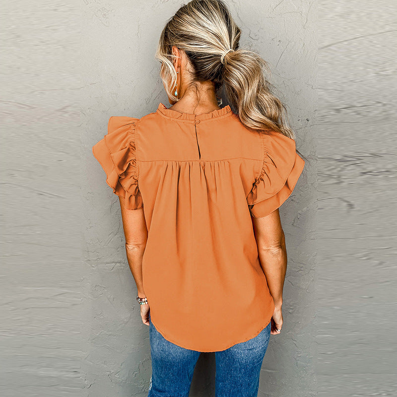 Fashion Pleated Stand Collar Pullover Leisure Pure Color Ruffles Three Quarter Sleeve