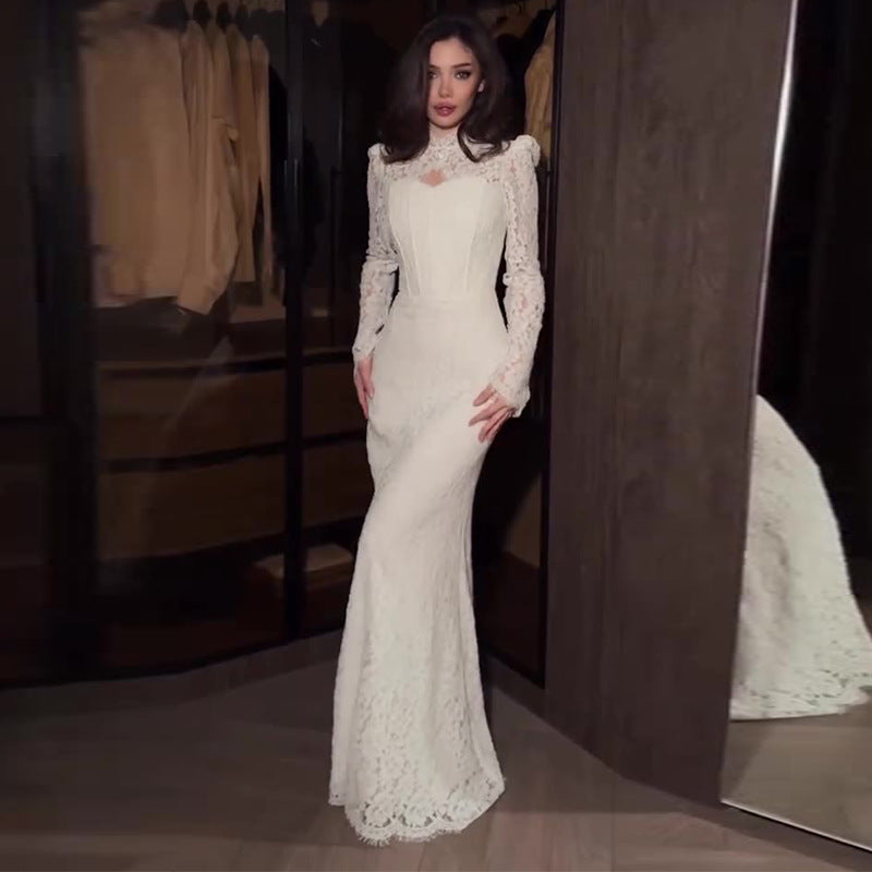 Women's Sexy Lace Hollow-Out Long-Sleeve Dress