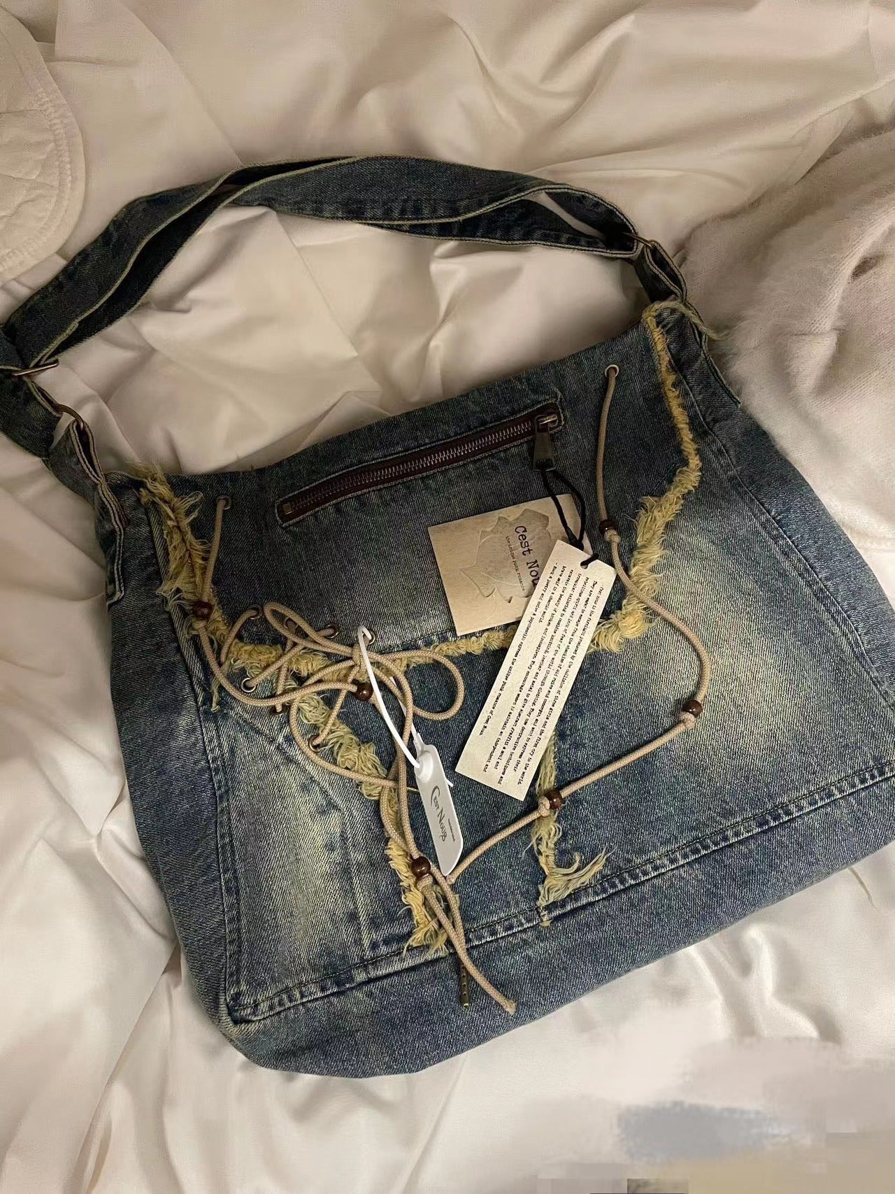 Vintage Vasket Børstet Denim Taske med Kvast