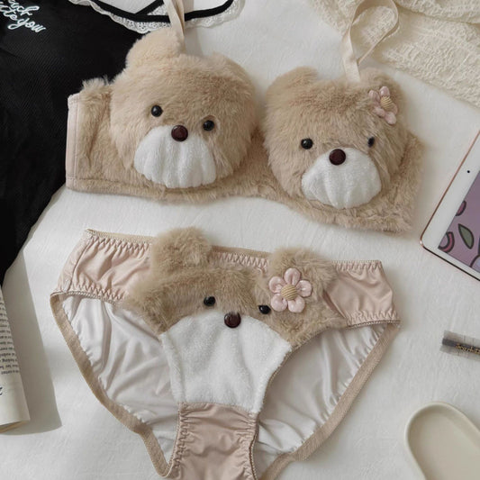 Plush Bear Bra Set Cute Cartoon Without Steel Ring