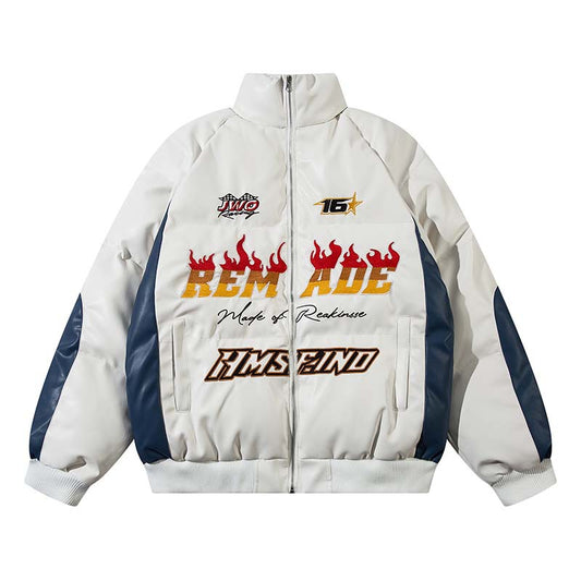 Men's Retro Letter Embroidered Patchwork PU Leather Cotton Jacket
