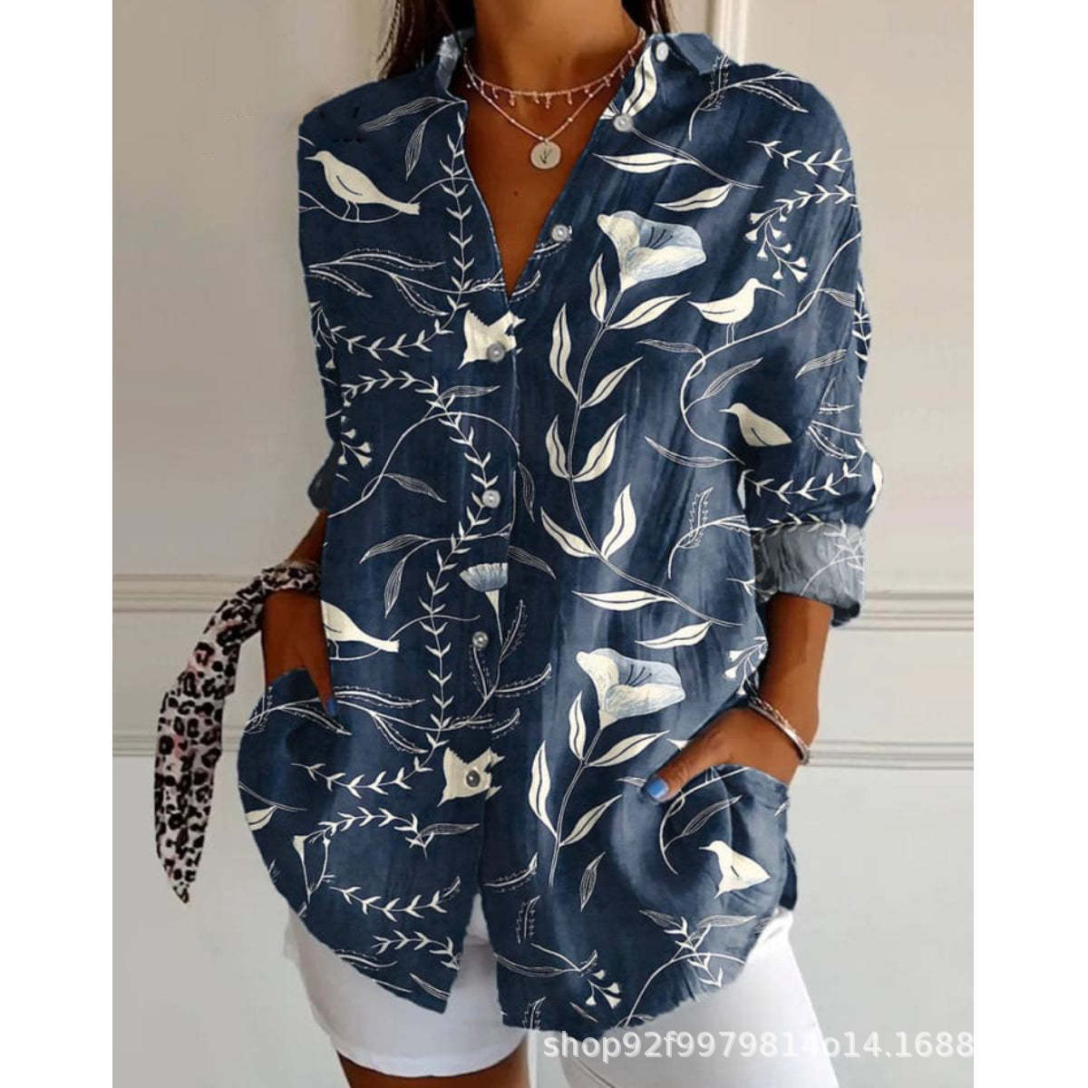 Womens Floral And Green Leaf-print Long-sleeve Blouse