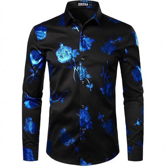Golden Rose Print Slim Fit Long Sleeve Formal Wear Shirt