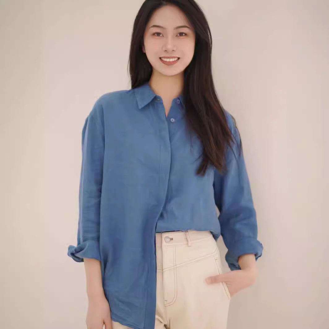 Linen Plain Cloth Blue Dyed Loose Shirt