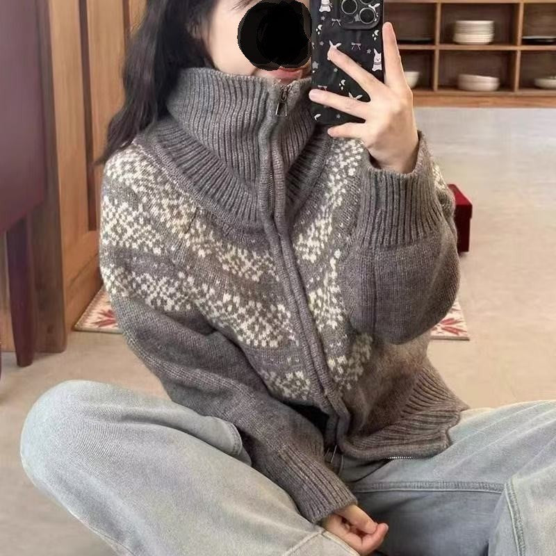Casual Retro Lapel Double Zipper Knitted Cardigan