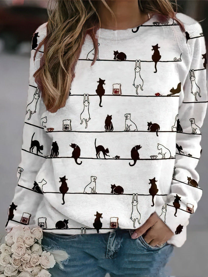 Autumn Animal Graphic Print Crew Neck Raglan Long-sleeved Top