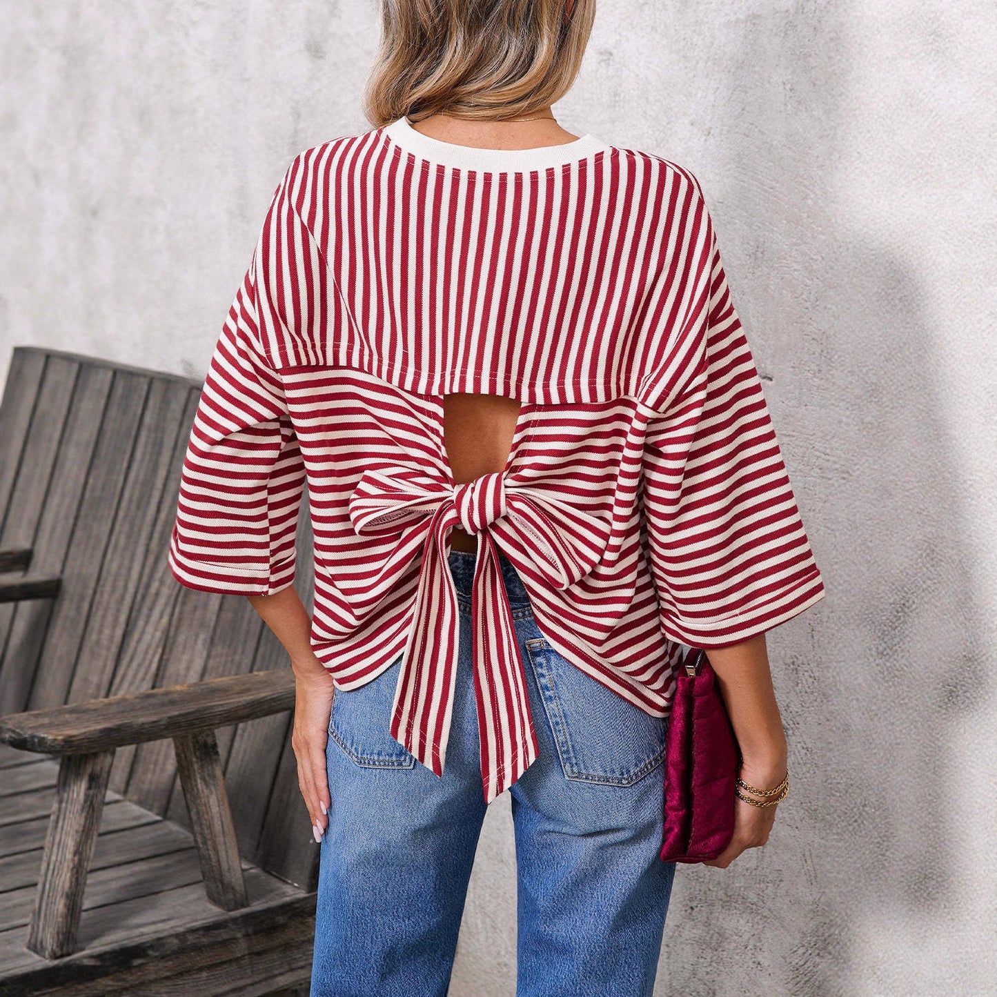Womens Crew-Neck Striped Knitted Top With Back Tie Bow