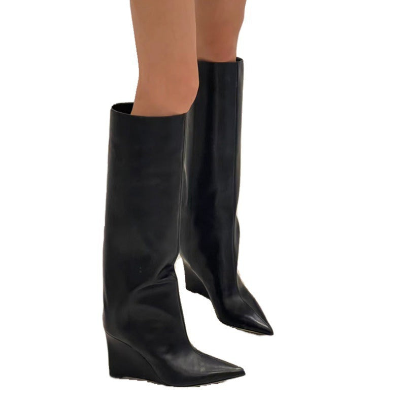 Women's Wide Tube Design Slim Straight Leg Wedge Heel Knight Boots
