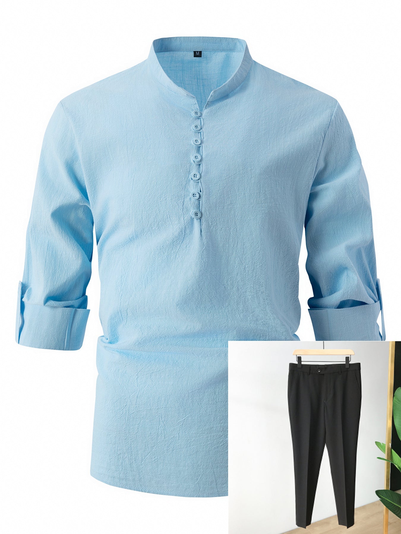 Fashion Retro Men's Spring And Autumn Cotton And Linen Stand Collar Business Slim Casual Shirt